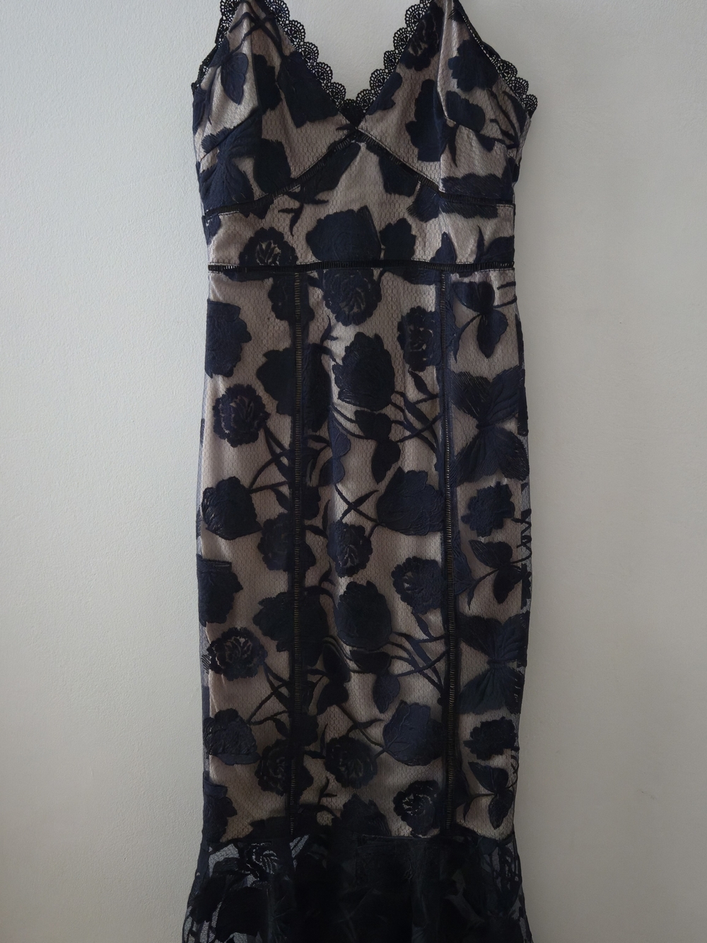 Lulu's Navy Floral Lace Strapless Midi Dress with Nude Underlay